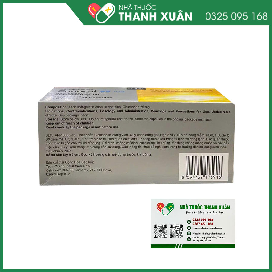 Equoral 25mg thuốc ức chế miễn dịch, điều trị chống thải ghép, hội chứng thận hư, viêm khớp dạng thấp, viên da cơ địa, bệnh vẩy nến